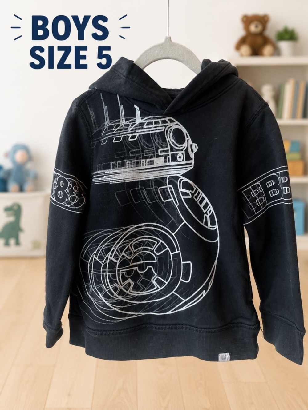 GAP Boys Black Graphic Hoodie Size 5 Robot Print Pullover